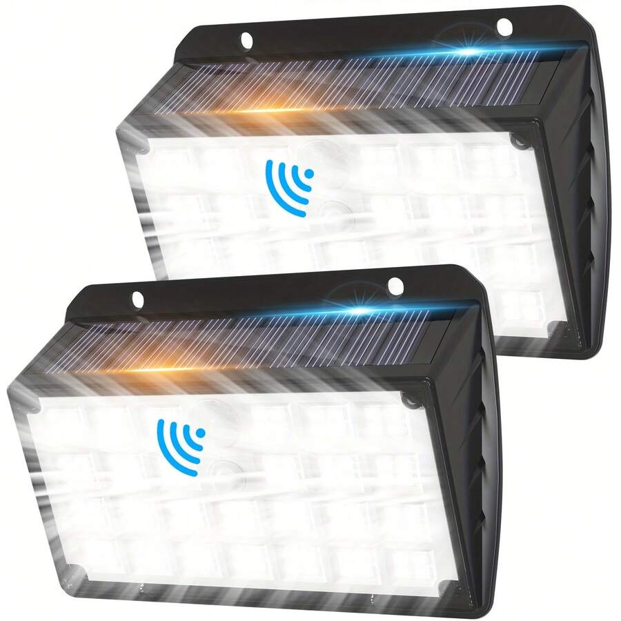 This Solar-Powered Outdoor Wall Light Features 104 LED Bulbs, A Motion Sensor, And 3 Selectable Modes. It Meets Street Lighting Safety Standards, Has An IP65 Waterproof Rating, And Is Suitable For Garden, Patio, And Deck Decoration, As Well As Garage And Corridor Lighting.