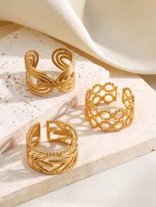 3pcs/Set Stainless Steel 18K Gold Plated Fashionable Geometric Line Design Rings Set, Suitable For Women's Daily Wear