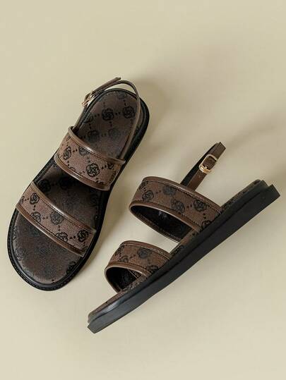 Women's Thick Sole One-Strap Sandals, Bohemian Ditsy Floral, Open Toe, Comfortable Platform, Suitable For Summer Beach, Casual, Vacation, Vintage Style, Random Floral Pattern, Coffee Brown Irregular Tiny Floral, Breathable, Elegant With Dresses, Casual And Sports, Plus Size 41-43