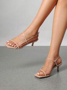Women Kitten Low Heel Sandals Square Open Toe Ankle Strap Party Wedding Dressy Heeled Sandals - Nude - View 2