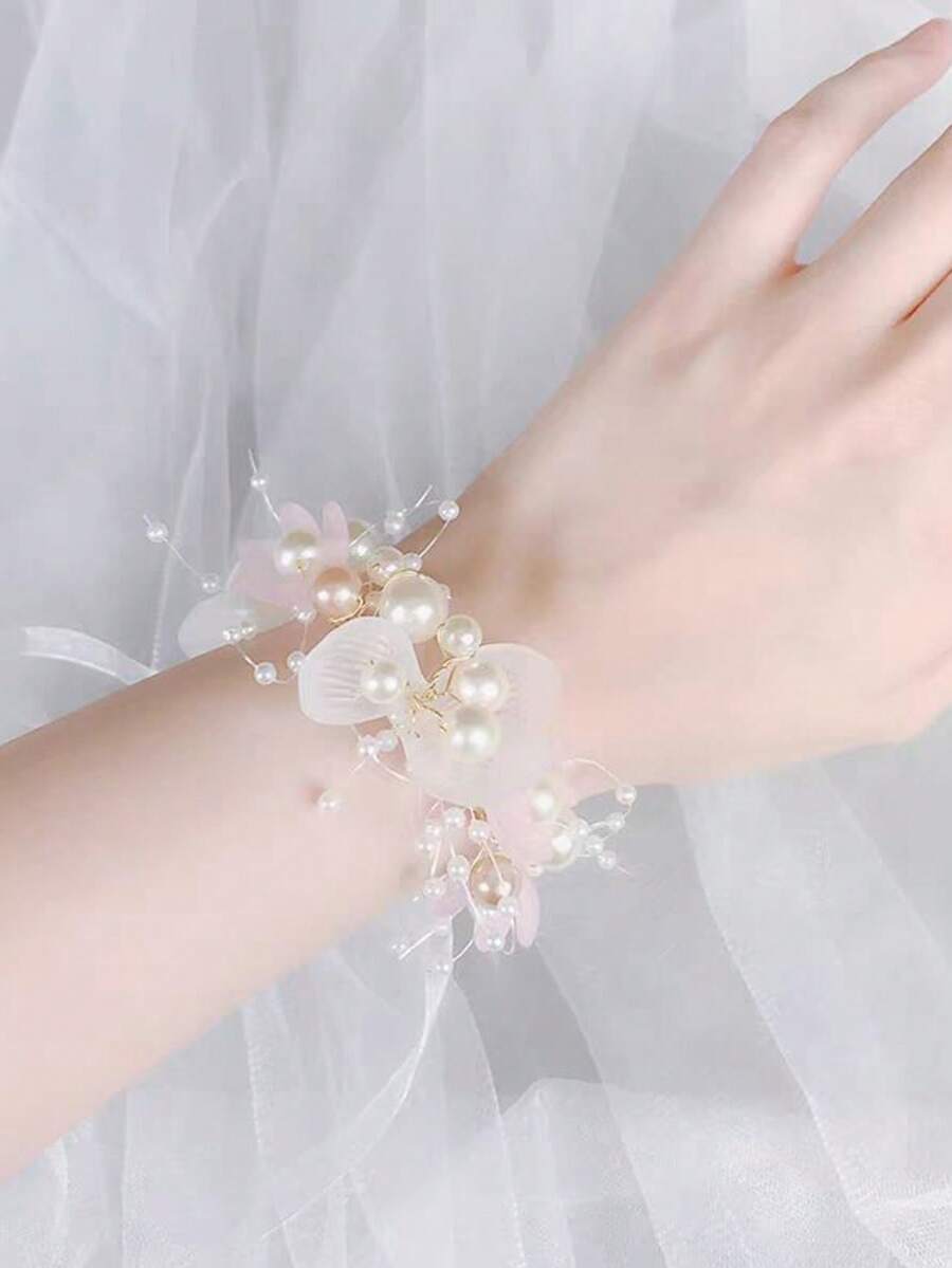 1pc Elegant Blue Floral Sheer Lace Bow Wrist Corsage, Suitable For Bride, Bridesmaid, Performance And Dance