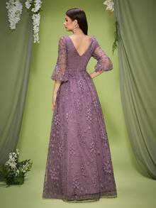 Anpoket V-Neck Embroidered Lace Cropped Sleeves High-End Evening Dress, Party Dress, Wedding Guest Dress, Formal Dress, Gown, Valentine's Day - Dusty Pink - View 2