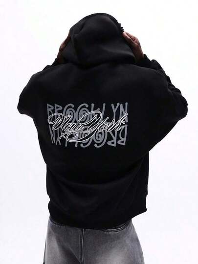 Sudadera con capucha negra de gran tamaño para hombres SUMWON con bolsillo central y cordón, ropa casual de invierno para la calle