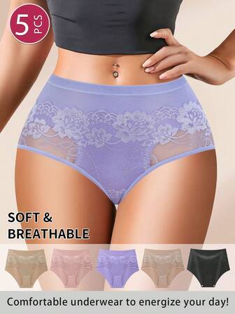5 piezas Bragas de mujer de cintura alta con estampado de encaje, tela cómoda y transpirable