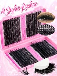 MEM 770/640/544 Clusters D Curl Manga Eyelash Set, Customized DIY Single Cluster False Eyelashes 10-16mm, Fluffy Dense 3D Russian Mink Effect, Dramatic Messy Texture, Suitable For Daily, Cosplay, Stage And All-Occasion Eye Makeup - 黑色 - 查看 3