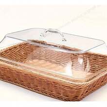 13.8 X 9.6 Inch (34.9 X 24.9 Cm) Large Rattan Bread Basket With Acrylic Cover, Tabletop Food Service Basket, Fruit Tray, Woven Food Platter, Suitable For Kitchen, Dining Room