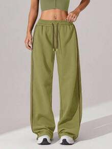 1pc Women's Waffle Knit Loose Straight Leg Drawstring Waist Contrast Color Simple Fitness Sports Pants, Spring/Summer - Màu xanh lá cây - Xem 4