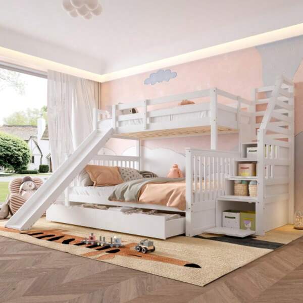 (=WX000308AAK-1) 90 X 200 über 140 X 200 Etagenbett Mit Schubladen, Stauraum Und Rutsche, Multifunctional, White