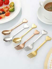 1 pièce/2 pièces Set de fourchette et cuillère en acier inoxydable en forme de cœur, set de couverts pour couple avec boîte cadeau, cadeau de la Saint-Valentin - Multicolore - Voir 7