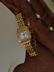 1pc New Rhinestone Zirconia Inlaid Gold Square Dial Ladies Waterproof Watch, Elegant Minimalist Casual Style Roman Numeral Dial, Decor Quartz Watch Suitable For Daily Life And Attending Gatherings - Gold - View 2