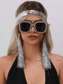 3pcs Disco 70s/80s Glitter Party Outfit Set: Sequin Headband + Rhinestone Sunglasses + Tassel Clip-On Earrings, Suitable For Cosplay, Halloween Party, Daily Gathering, 70s/80s Disco Party