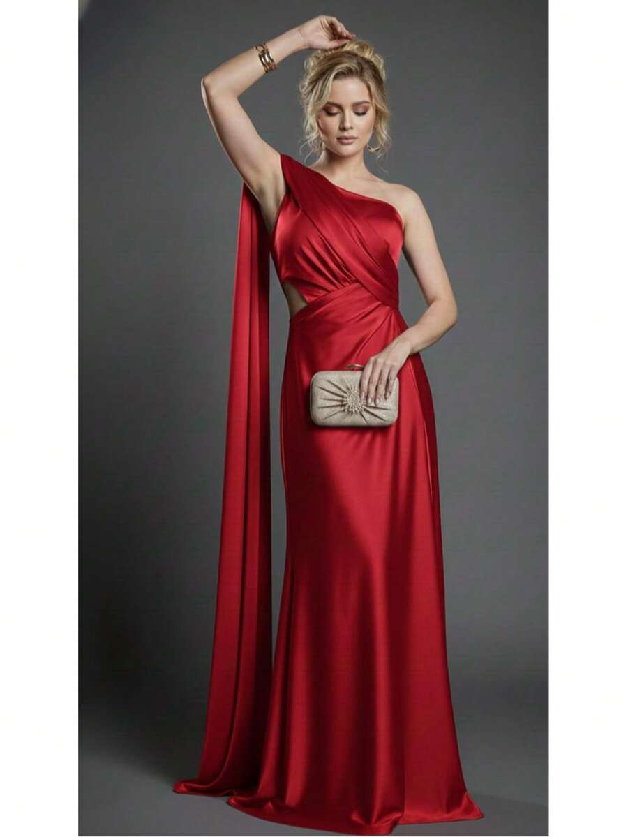 Bridesmaid Dress For Graduation Guests With Cape Sleeves In Trilobal Satin, Fuchsia, Olive Green Or Terracotta. - Red - View 1