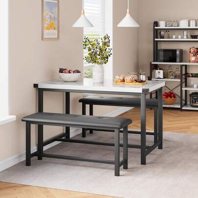 Industrial Dining Table Set For 4, 44" Wooden Kitchen Table With 2 Upholstered Benches, Metal Frame Rectangular Space Saving Dining Room Set For Small Spaces, Apartment