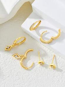 6pcs Women's Gold Square Cubic Zirconia Geometric Design Earring Set, Hypoallergenic, Petite Hoop, Lightweight, Stackable For Multiple Piercings, Fashion Versatile, Suitable For Dates, Parties, Weddings, Birthdays, Holidays - Gold - View 6