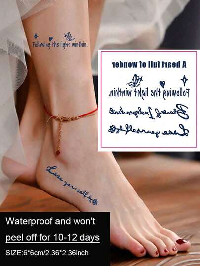 1 hoja de tatuajes temporales de mariposas, flores y letras para muñeca, brazo, pierna, cintura, pecho, Body, tatuajes semipermanentes y falsos