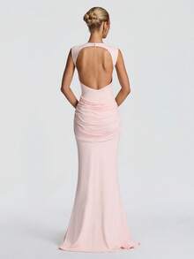 Women's Elegant Sleeveless Backless Mermaid Maxi Knit Cocktail Dress, Formal Evening Gown, Wedding Guest Dress, Party Dress, Valentine's Day Dress - Pink - View 2