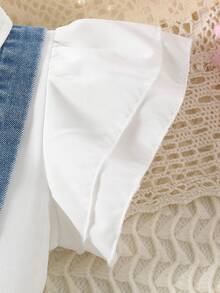 2pcs/Set Girls Denim Suspender Skirt Outfit, Summer New Casual Versatile Ruffled Collar White Shirt And Knee-Length Skirt Set - White - View 5