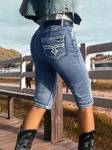 高腰弹力女式七分牛仔裤 - 西部牛仔风格，后口袋饰有刺绣 - 深色水洗藍 - 查看 1