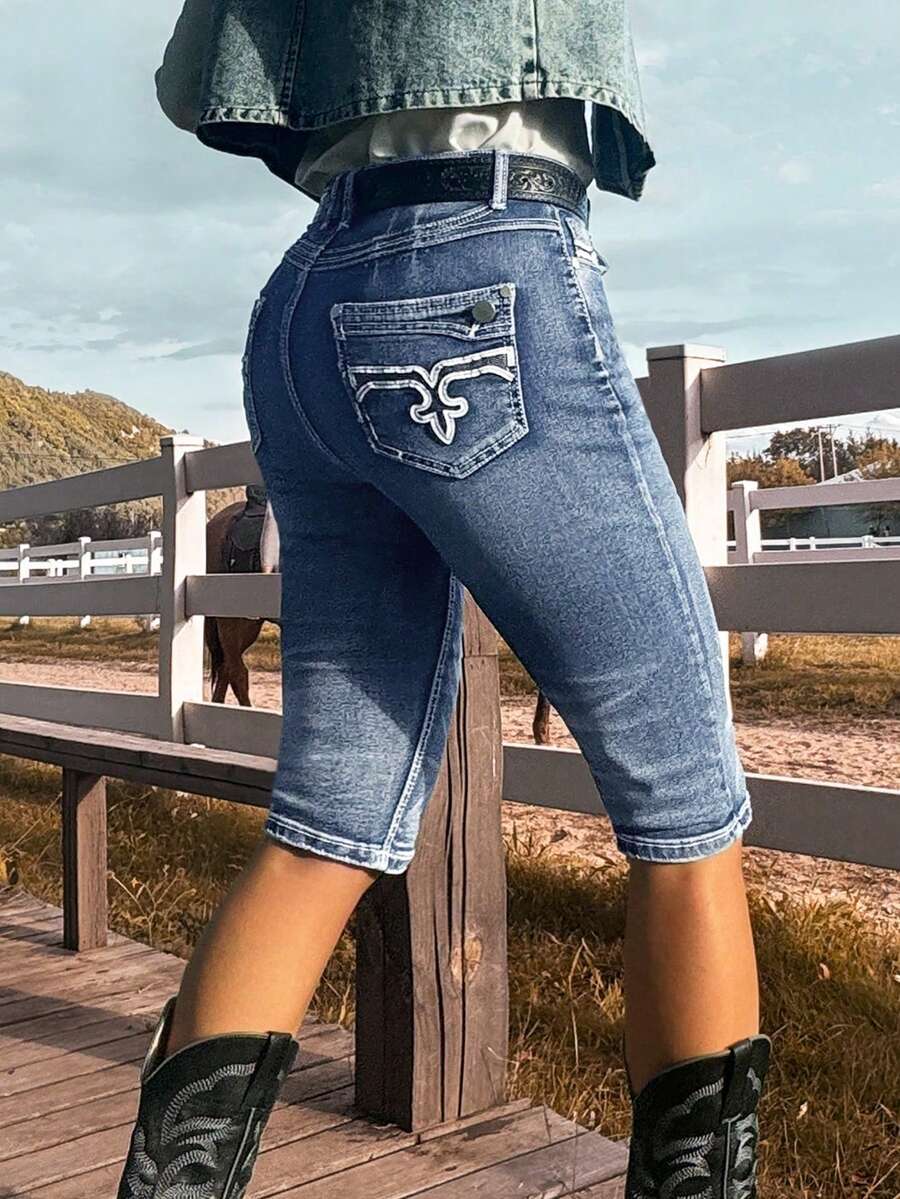 高腰弹力女式七分牛仔裤 - 西部牛仔风格，后口袋饰有刺绣 - 深色水洗藍 - 查看 1