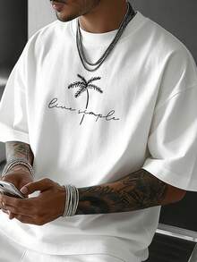 男式字母与棕榈树图案圆领短袖 T 恤 - 白色 - 查看 2