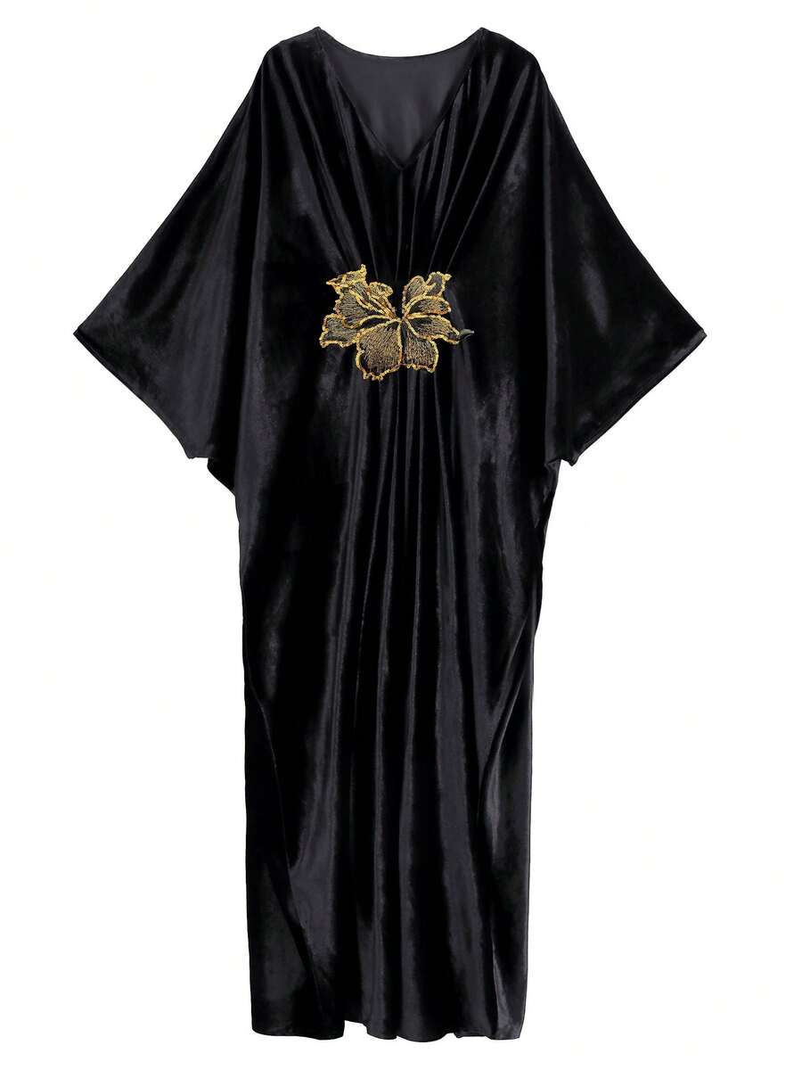 波西米亚风刺绣宽松沙滩裙 - 黑色 - 查看 1