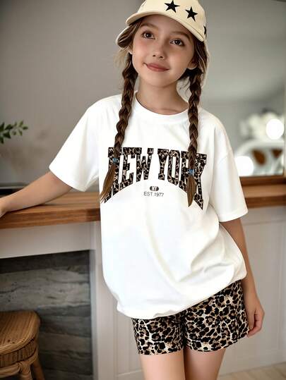 Tween Girls' Letter Graphic Print Short Sleeve T-Shirt And Leopard Print Shorts Casual Outfit