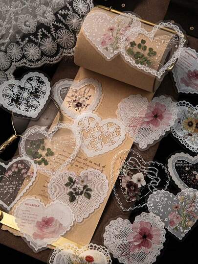 CANDY POETRY 20 piezas/paquete Pegatinas con tema floral de encaje para scrapbooking, pegatinas decorativas de estética vintage, materiales de manualidades DIY, regalos festivos, suministros escolares personalizados para scrapbooking