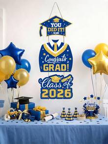 Decoraciones de graduación azul 2026, letreros de puerta Congrats Grad Clase de 2026, corona de graduación Letreros colgantes Accesorios para fotomatón para fiesta de graduados - Azul - Ver 5