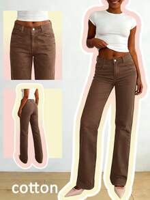 春季女士中腰复古直筒牛仔裤，修身高腰效果简约休闲牛仔裤，时尚百搭长裤。 - 咖啡棕 - 查看 1