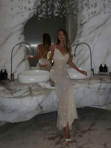 Basrey Đầm dạ hội màu trơn, trễ vai, cổ chữ V, đính sequin, eo cao, hở lưng, hoàn hảo cho các bữa tối trang trọng, chụp ảnh, tiệc tùng và là lựa chọn lý tưởng cho ngày Valentine, đám cưới hoặc tiệc mùa xuân màu trắng. - trắng - Xem 1