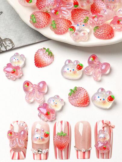 50/100个可爱美甲饰品 粉色蝴蝶结兔子草莓设计装饰艺术树脂饰品 日本美甲配件 情人节礼物 女士美甲用品 指甲