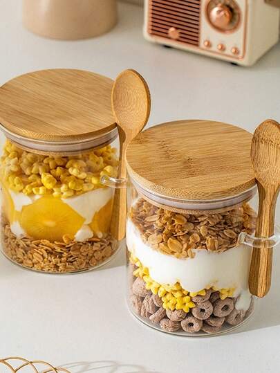 1 pieza Tarro de vidrio redondo, recipiente de almacenamiento de cocina con cuchara y tapa hermética, para especias, azúcar, té, yogur, cereales, suministros de cocina para el hogar, taza de vidrio sellada, almacenamiento de granos y granos de café, centro de mesa para comedor