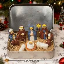 盒装耶稣诞生场景摆件，铁盒装饰，桌面圣诞摆件，祈祷场景耶稣摆件，节日展示，祈祷场景，耶稣诞生场景，精致设计，轻巧套装，圣诞装饰品，家庭传统 - 彩色 - 查看 7