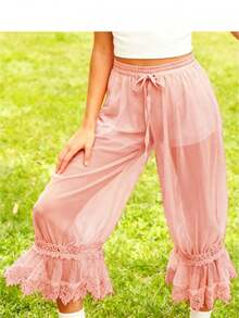 Women Long Bloomer Pants Lace Patchwork Drawstring Elastic Waist Victorian Capri Pants Lounge Pettipants - trái cam - Xem 1