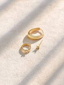 Nooxian 3pcs/Set Fashionable & Elegant Clover, Single Diamond, Geometric Oval Hoop Earrings, Suitable For Daily Wear And Vacation - Yellow Gold - View 4