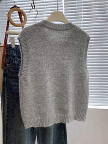 女士圆领罗纹针织无袖常规春季毛衣背心，灰色针织上衣，略带弹性，休闲百搭 - 灰色 - 查看 3