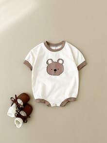 Newborn Baby Girls Cute Bear Print Short Sleeve Romper, Spring/Summer - Apricot - View 6