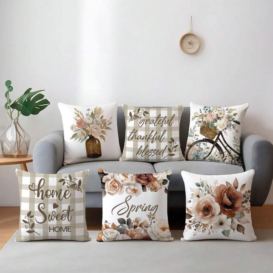 Bộ 6 vỏ gối trang trí in hình hoa và xe đạp Sweet Home, chất liệu nhung màu đào, kích thước 45*45/50*50/40*40CM, thích hợp cho ghế sofa vải hiện đại, trang trí nội thất, trang trí tiệc, quà tặng.
