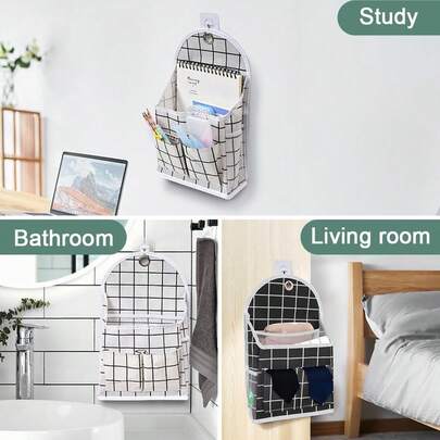 1pc Wall Mounted Storage Organizer Bag With Multiple Pockets, No Drilling Required. Includes Storage Basket And Shelves To Hold Files, Magazines And Mail. Waterproof. Suitable For Kitchen, Bedroom, Bathroom, School And Office. (Black Plaid + White Plaid)