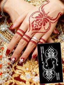 Hana手绘镂空纹身模板 极简主义 Hana新娘优雅蕾丝曼陀罗花卉图案贴纸 适用于手部、脚部、肩部、颈部、锁骨 半永久性假纹身贴纸 1包 - 黑色 - 查看 16