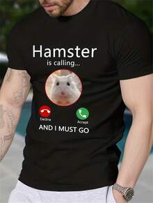 Camiseta Divertida para Hombres Entusiastas de Mascotas - Camiseta Creativa de Manga Corta "Hamster Calling" - Top Casual Ligero de Verano - Regalo Ideal para Dueños de Hamsters - Estampado Divertido, Cuello Redondo Clásico, Tela de Fácil Cuidado, Material Duradero - Negro - Ver 1