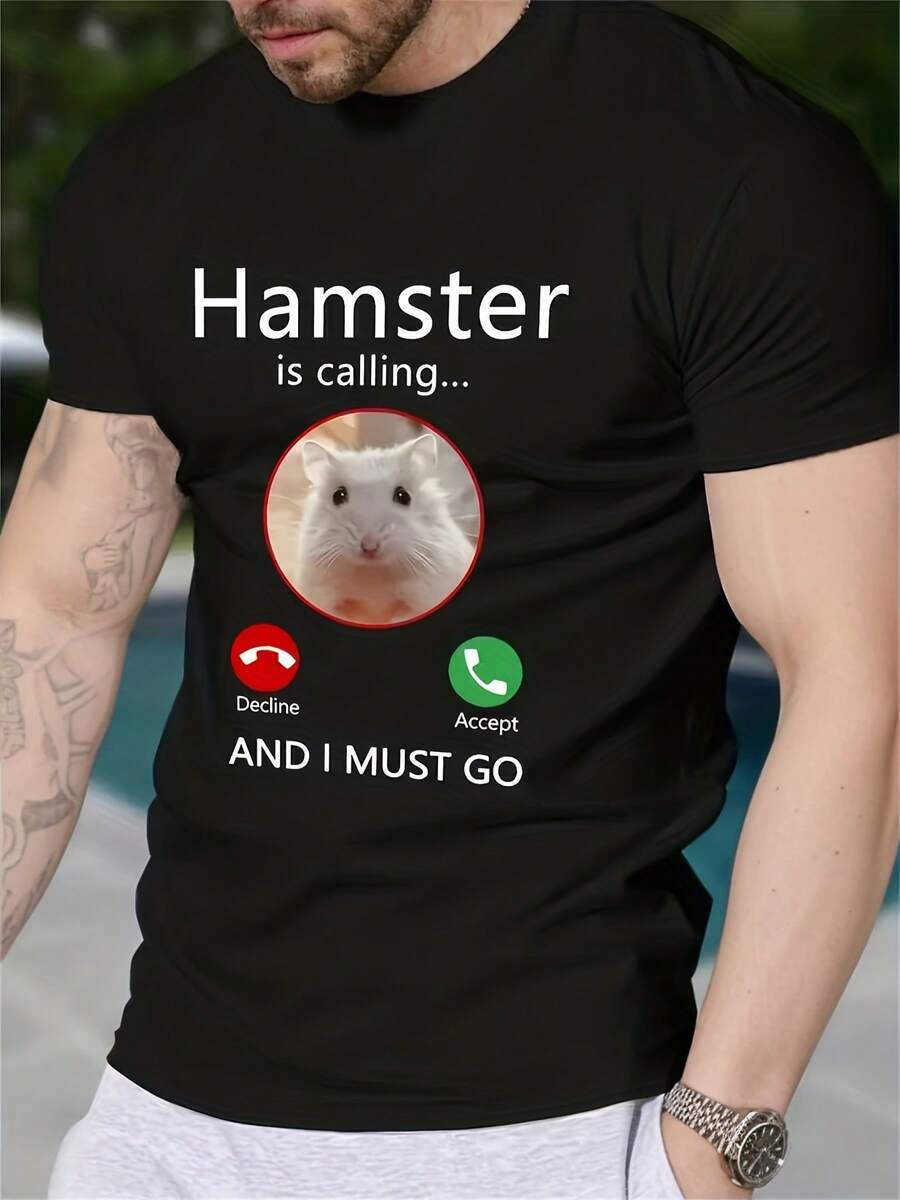 Camiseta Divertida para Hombres Entusiastas de Mascotas - Camiseta Creativa de Manga Corta "Hamster Calling" - Top Casual Ligero de Verano - Regalo Ideal para Dueños de Hamsters - Estampado Divertido, Cuello Redondo Clásico, Tela de Fácil Cuidado, Material Duradero - Negro - Ver 1