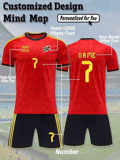 2pcs Customized Belgium 2026/27 Season Red Men's Football Jersey Set - Personalized Short Sleeve T-Shirt + Shorts Sports Suit, Ideal Gift For Him, Fashionable, , Casual, Minimalist, Personalized, Unique, Men's Apparel, Capsule Wardrobe, Streetwear, Suitable For Birthday, Vacation/Holiday, School/Match, Sports/Climbing Occasions Summer