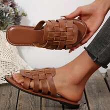 Outdoor Summer Sandals Walking Travel Shoes Slides For Women Flats Round Toe Braided Dressy Comfy Closed Toe Woven Vacation Mules - 棕色 - 查看 10