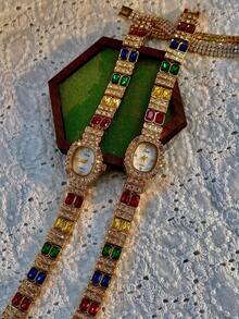 1pc New Luxury Colorful Gemstone & Crystal Inlaid Vintage Elegant Fashion Women's Watch, Oval Faux Pearl Dial, 30M Water Resistant, Suitable For Daily Wear, Parties, Vacations And Outings - Gold - View 7