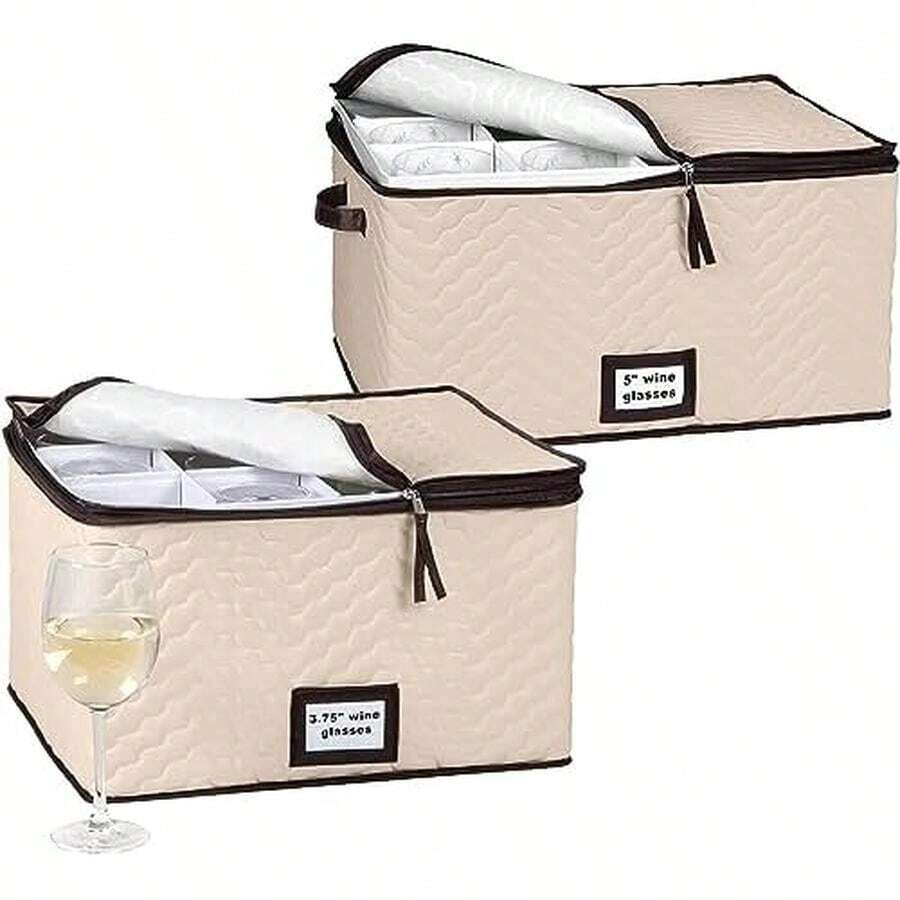 Cajas de almacenamiento con divisores de champaña – Juego de 2 – Cada una tiene capacidad para 12 vasos de hasta 9,5 cm de ancho, funda de microfibra acolchada con asas, protege el vaso, ideal para - Copa de vino tinto y blanco - Ver 1