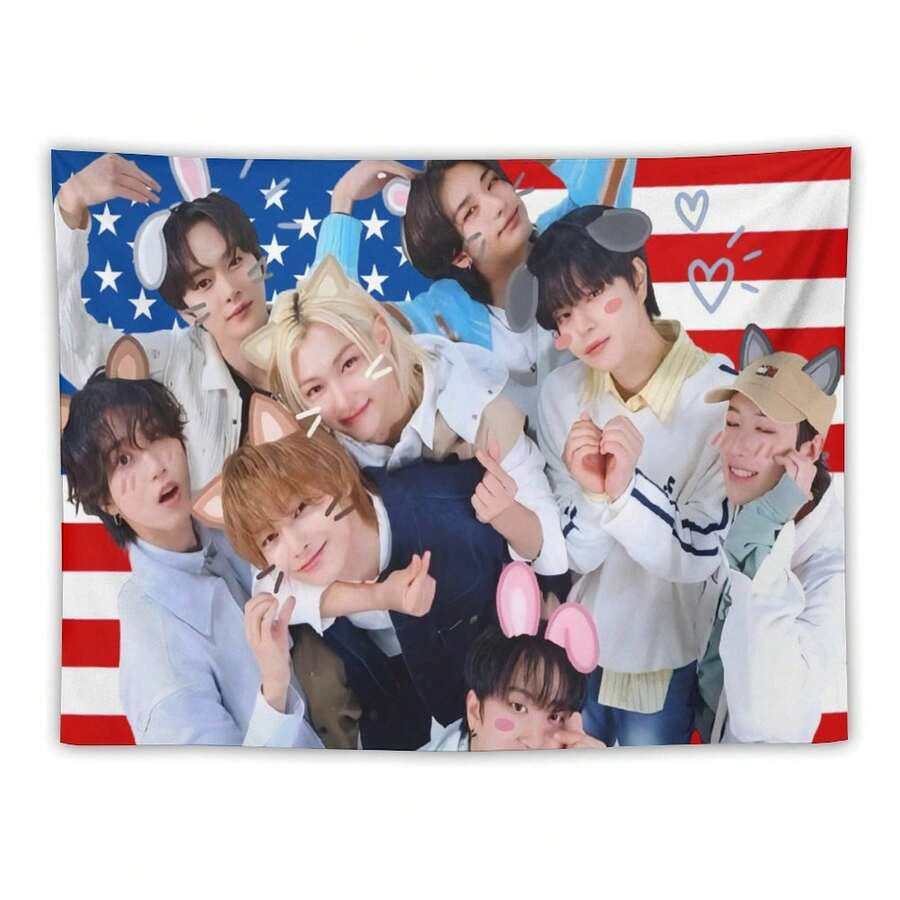 STRAY Members Magazine Pink America Flag , Skz KIDS-S Kpop Tapestry, Stray Tour 2025 Merch,Gift Ideas STAYS, Birthday Gift & Concert Merch ,Wall Hanging Aesthetic College Decor - White - View 1