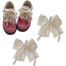 2 Pieces Pearl Shoe Charms Bow Sneakers Elegant Shoelace Decoration Pearl Bead Chain Buckle Accessories For Women Dress Shoes - 1 對蕾絲珍珠 - 查看 1
