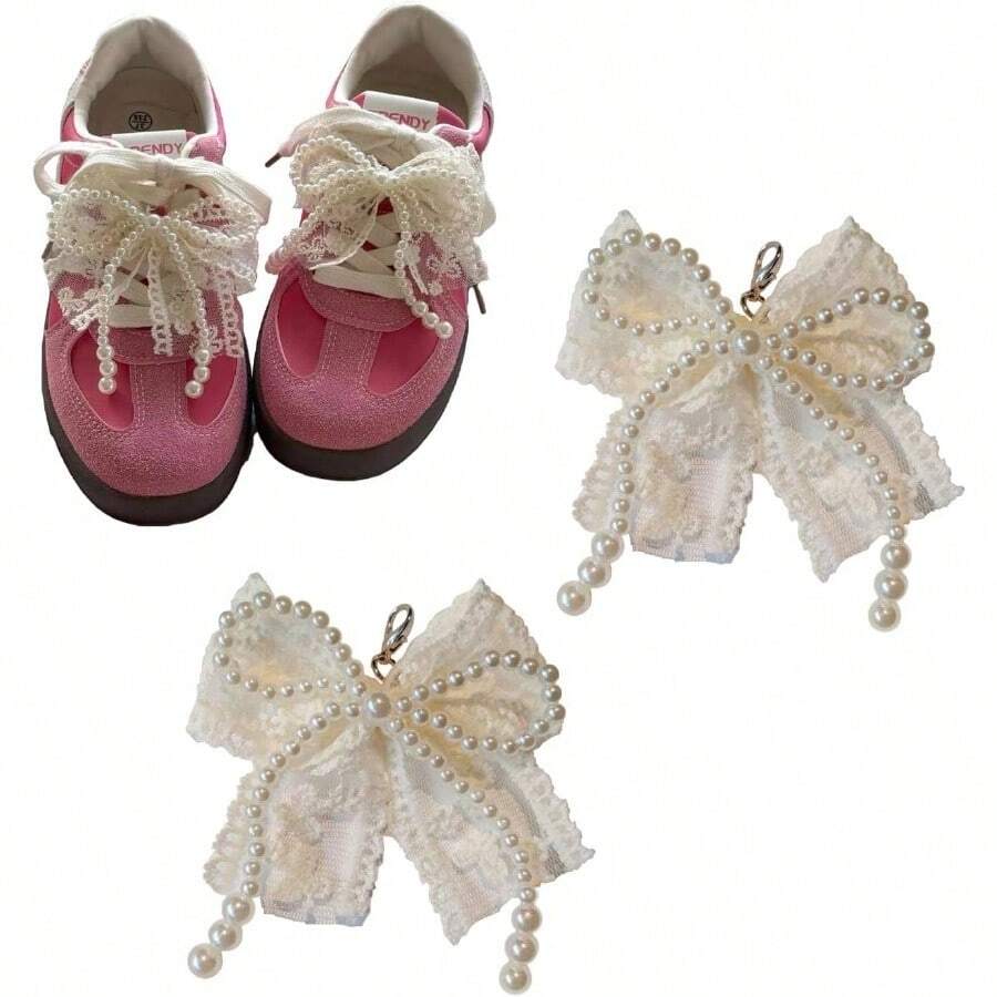 2 Pieces Pearl Shoe Charms Bow Sneakers Elegant Shoelace Decoration Pearl Bead Chain Buckle Accessories For Women Dress Shoes - 1 對蕾絲珍珠 - 查看 1