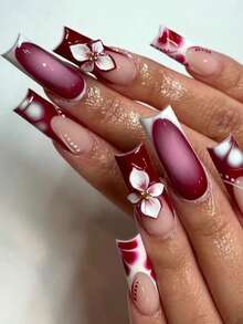 24 piezas Pegatinas de uñas de gel 3D con flores largas y cuadradas, decoración de perlas falsas para manicura francesa, incluye 1 pieza de gel de gelatina y 1 pieza de lima de uñas, adecuado para mujeres en el trabajo diario, fiestas y ocasiones, suministros de uñas - Multicolor - Ver 10